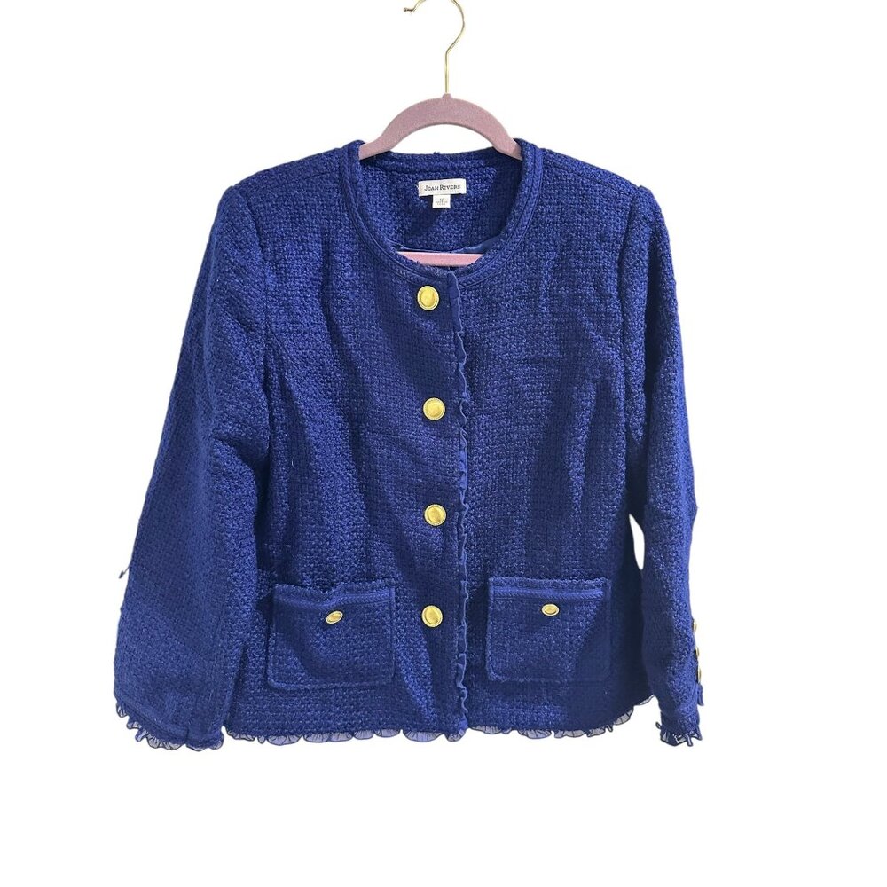 ✌️ 2/$40 ✌️ Joan Rivers Textured Blue Bouclé Jacket, Gold Buttons Size 12